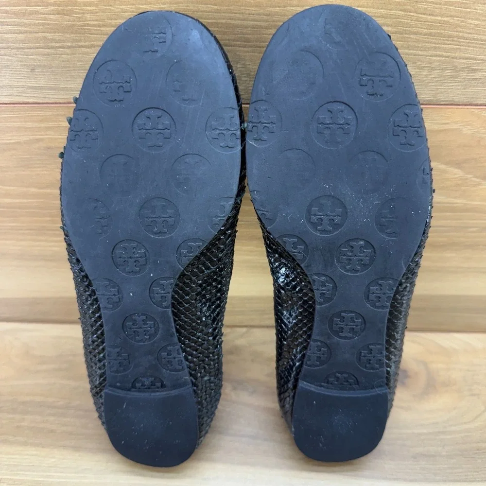 Tory Burch Reva Flats Black Womens 9 M Black Snake Embossed Gold Logo Office